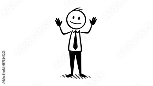 Happy cartoon stick figure businessman smiling and raising hands in welcoming gesture, on isolated white background.