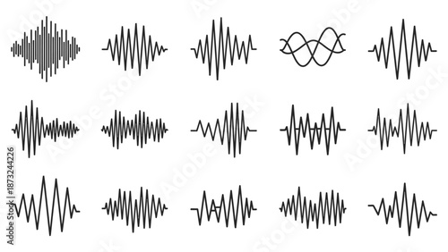 Collection of diverse sound wave and audio waveform illustrations on isolated white background.