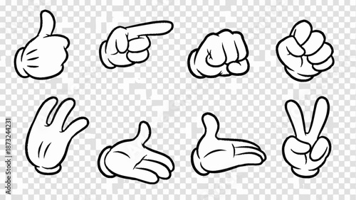 Set of cartoon hands in various gestures including thumbs up, pointing, fist, peace sign, on transparent background.