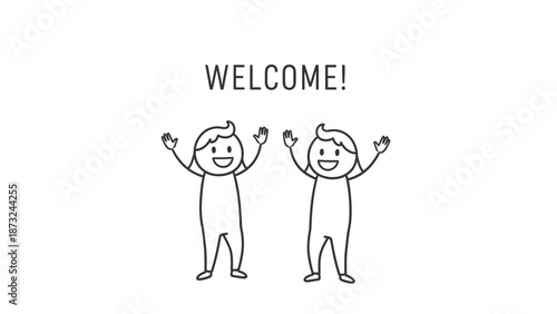 Two happy cartoon stick figures waving arms, showing welcome message, on isolated white background.