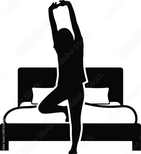 Silhouette icon depicting a person performing a morning yoga tree pose while standing next to a comfortable double bed symbolizing wake up wellness routine