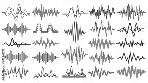 Collection of Sound Wave and Audio Equalizer Line Icons on a Bright Studio Background