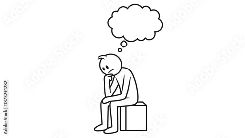 Stick Figure Sitting on a Box, Pondering with an Empty Thought Bubble Above Head on Isolated White Background