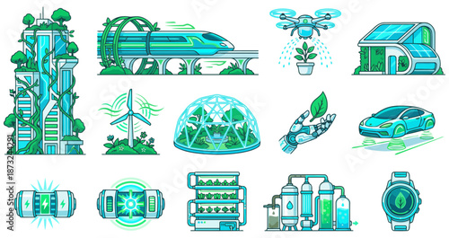 Solar punk futuristic green technology and architecture icons with skyscraper, train, drone, smart-home, windmill, greenhouse, robot hand, car, fusion battery, farming tower, water filter smart-watch.