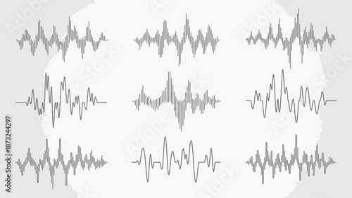 Various Complex Audio Sound Wave Patterns Displayed on a Bright Studio Background.