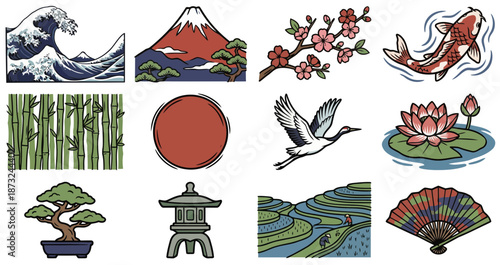 Japanese woodblock print style nature icons with great wave, mount fuji, cherry blossom, koi fish, bamboo forest, red sun, crane bird, lotus flower, bonsai tree, stone lantern, rice paddy, paper fan.