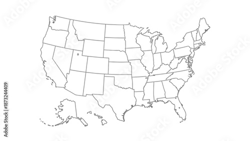 Outline Map of United States of America with State Borders on an Isolated White Background