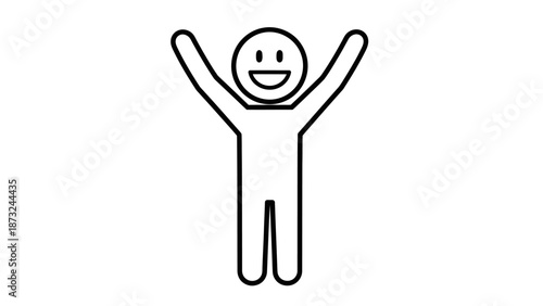 Happy Stick Figure Celebrating with Arms Raised in Joy and Triumph on Isolated White Background