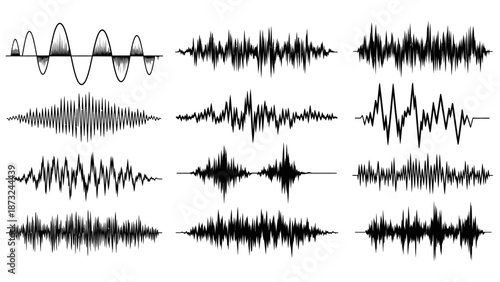Diverse collection of various abstract sound wave forms and audio equalizer lines, representing music or voice, on isolated white background.