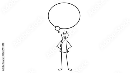 Angry Stick Figure Man with Arms Akimbo and Blank Speech Bubble on Isolated White Background