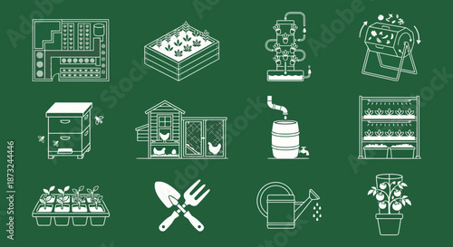 Urban farming and gardening green print schematic icons with rooftop garden plan, garden bed box, hydroponic tower, compost bin, beehive box, chicken coop, rain barrel, farming rack, seedling tray.