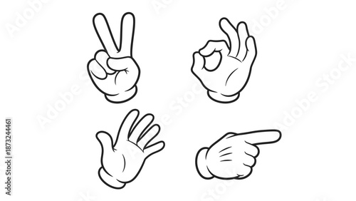Set of Cartoon Hand Gestures Including Peace, OK, Open Hand, and Pointing Finger on an Isolated White Background