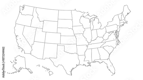 United States of America outline map, showing state borders, on isolated white background.