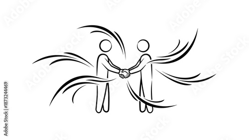 Two Stick Figure People Shaking Hands Symbolizing Agreement and Partnership on Isolated White Background