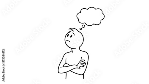 Confused Stick Figure Man with Arms Crossed and Blank Thought Bubble on Isolated White Background