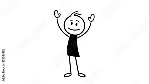 Happy Stick Figure Man Celebrating with Raised Hands on Isolated White Background
