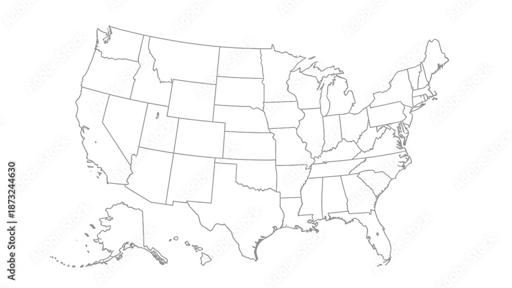 Obraz premium Detailed Outline Map of the United States of America with All State Borders Including Alaska and Hawaii on Isolated White Background