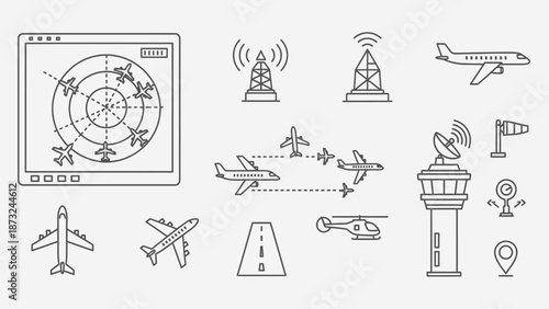 Collection of aviation and air traffic control line icons, including airplanes, radar, and control tower, on isolated white background.