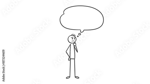 Stick Figure Pondering with an Empty Speech or Thought Bubble Above Head on Isolated White Background