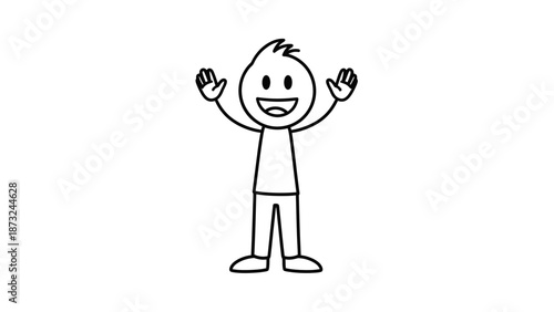 Happy Stick Figure Person with Wide Smile and Raised Arms Expressing Joy and Excitement on Isolated White Background