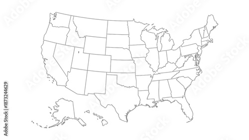 United States of America outline map, showing state borders, on isolated white background.