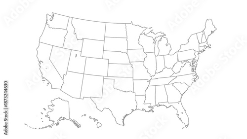 Detailed Outline Map of the United States of America with All State Borders Including Alaska and Hawaii on Isolated White Background