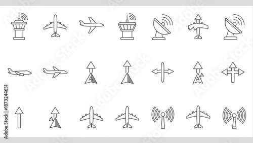 Diverse Airport and Aviation Outline Icons Set with Control Tower, Airplanes, Antennas, and Directional Arrows on Isolated White Background