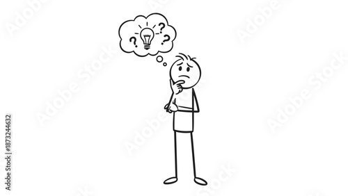Thoughtful Stick Figure Character Pondering with Idea Lightbulb and Question Marks Above Head on Isolated White Background