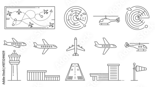 Comprehensive Aviation and Airport Outline Icons Set with Radar, Helicopters, Airplanes, Control Tower, and Flight Map on Isolated White Background