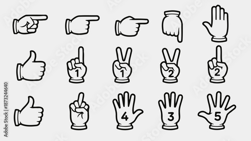 Set of Diverse Hand Gesture Icons Showing Pointing, Thumbs Up, and Counting Fingers on Light Gray Background