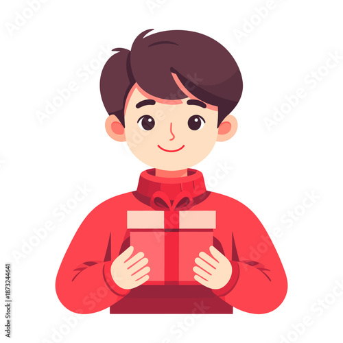 Smiling Boy in Red Sweater Presenting a Wrapped Gift Box