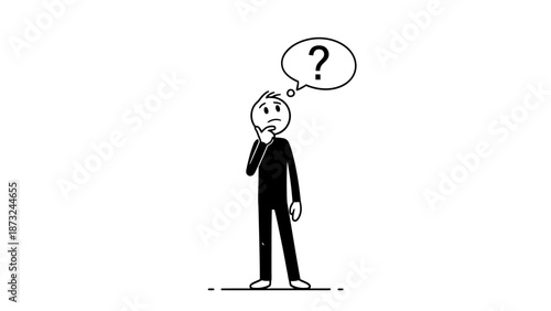 Thoughtful Stick Figure Character Standing and Pondering with a Question Mark Above Head on Isolated White Background