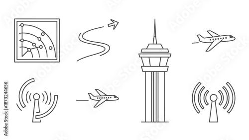 Detailed Aviation and Airport Icons Set with Radar, Flight Paths, Air Traffic Control Tower, Airplanes, and Signal Symbols on Isolated White Background