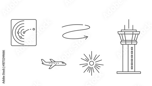 Aviation and Airport Line Art Icons Set with Radar, Flight Path, Control Tower, Airplane, and Sun Symbols on Isolated White Background