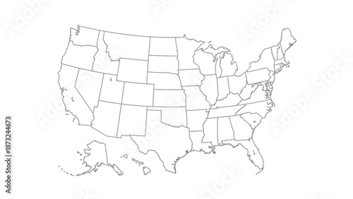 Outline Map of the United States of America with State Borders Including Alaska and Hawaii on Isolated White Background