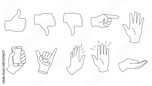 Diverse Hand Gesture Icons Set with Thumbs Up, Thumbs Down, Pointing, and Open Palm Symbols on Isolated White Background