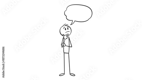 Stick Figure Man Thinking with Empty Thought Bubble, Contemplative Expression, Isolated White Background