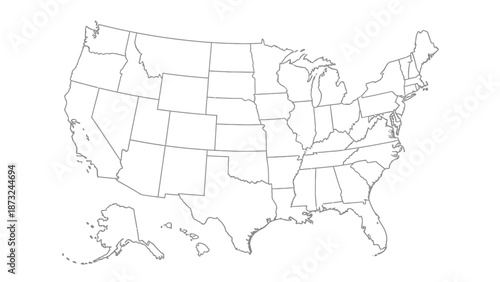 Outline Map of United States of America, Geographical Borders, Isolated White Background