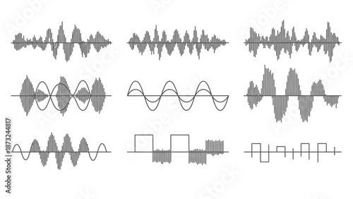 Set of various audio sound waveform patterns, including sine, square, and complex signals, representing digital and analog sound on an isolated white background.