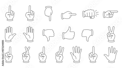 Collection of various human hand gestures, including pointing, thumbs up and down, peace sign, and counting fingers, on an isolated white background.