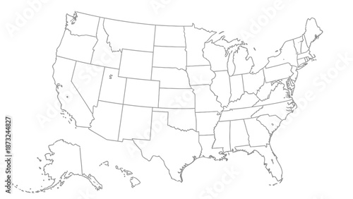 Detailed outline map of the United States of America with all state borders clearly defined on an isolated white background.