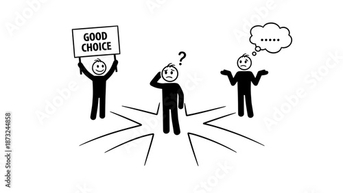 Stick figure characters at a symbolic crossroads, one with a "GOOD CHOICE" sign, one confused, and one contemplating on an isolated white background.