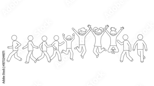 Group of happy stick figure characters jumping with joy and raised arms, celebrating success on an isolated white background.