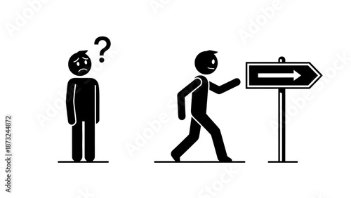 Confused stick figure character pondering a decision while another confidently walks towards an arrow sign, on an isolated white background.