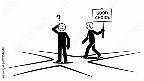 Confused stick figure at crossroads contemplating decision, happy stick figure confidently walking with 'GOOD CHOICE' sign, isolated white background