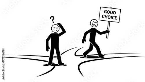 Confused Stick Figure Man at Crossroads and a Happy Man Choosing the Good Path, Making the Right Choice, Isolated White Background.