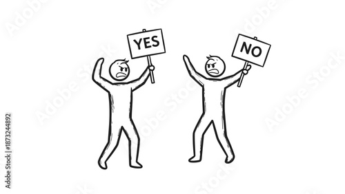 Two Angry Stick Figure Men Arguing, Holding Yes and No Signs, Representing Conflict, Isolated White Background.
