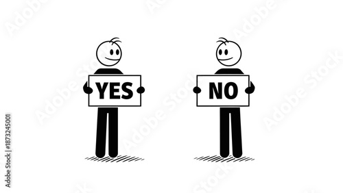 Two Stick Figures Presenting "YES" and "NO" Signs, Representing Choice and Decision Making in Bright Studio.