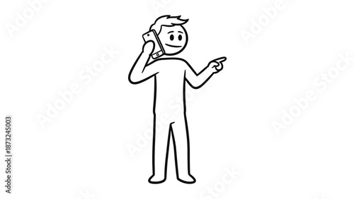 Cheerful Stick Figure Man Talking Happily on a Phone and Pointing, Communicating Positive Direction in Bright Studio.