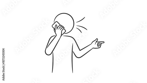 Aggressive Stick Figure Man Shouting into a Phone and Pointing, Expressing Anger or Urgent Direction in Bright Studio.